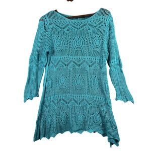 Womens XL Crochet Tunic Cover Up Boho Beach Turquoise Jeanne Pierre Swim Beach